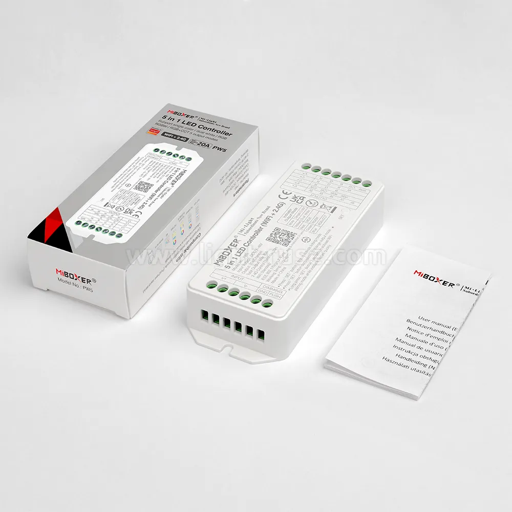 Комплект с кутия и упътване за MiBoxer PW5 12-48V LED контролер